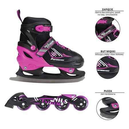 ROLKI ŁYŻWY FIGUROWE 2W1 NILS EXTREME NF7104 CZARNO RÓŻOWE S M L