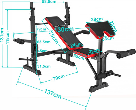 Zestaw 86kg z ławką treningową PH 2131 - ławka, sztanga, gryf łamany, obciążenia, hantle
