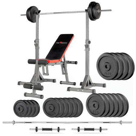 Zestaw do ćwiczeń 122kg z ławką TB102, gryf 180cm, żeliwo, hantle