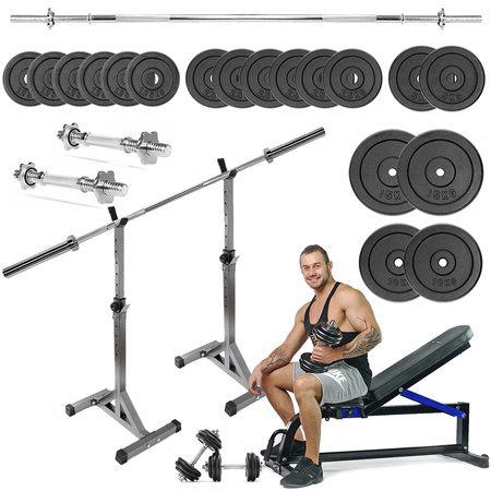 Zestaw do ćwiczeń 131kg z ławką treningową TB1001, stojakami, sztangą / gryfem prostym 168 cm, obciążeniem żeliwnym i hantlami