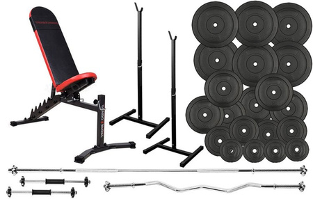Zestaw do ćwiczeń 147kg z ławką treningową MARBO MH-L115, oddzielnymi stojakami, sztangą 180 cm, gryfem 120 cm łamanym, zestawem obciążeń i hantlami