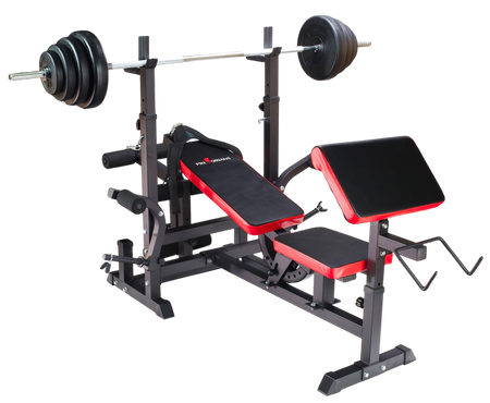 Zestaw do ćwiczeń 195kg z ławką treningową PH 20C - ławka, sztanga, gryf łamany, obciążenia, hantle