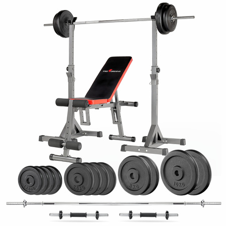 Zestaw do ćwiczeń 77kg z ławką treningową TB102 sztangą / gryfem prostym 180 cm, obciążeniem żeliwnym 45 kg i hantlami
