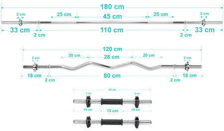 Zestaw do ćwiczeń 82kg z ławką treningową TB102 sztangą / gryfem prostym 180 cm, gryfem lekko łamanym 120cm, obciążeniem 45 kg i hantlami