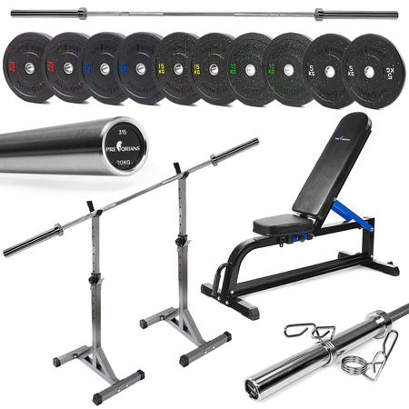 Zestaw do ćwiczeń siłowych 170kg - ławka, stojaki regulowane, sztanga / gryf olimpijski 220cm, obciążenie bumper
